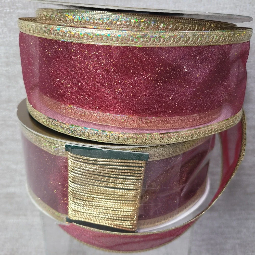 Sams Club Wired Ribbon Spools Burgundy Gold Christmas 2.5 Inch‎ 50 Yard Lot of 3